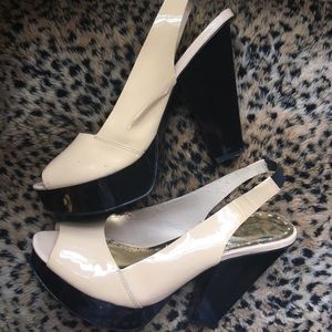 BCBGirls Size 8 camel color patent leather peep toe platform heels